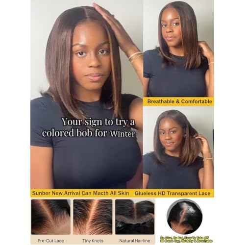 Sunber Ombre Brown Highlights Blonde Bob Human Hair Glueless Wig Bye Bye Knots Pre Everything 7x5 Lace Front Bob Wigs Pre Cut Lace Pre Plucked Pre Bleached Knots 150% Density 3S Put On and Go 12Inch