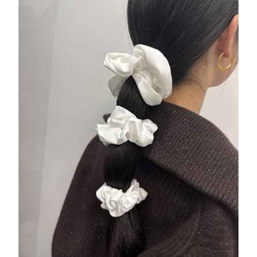 3 Pieces Satin Scrunchies Set for Hair No Crease Elastic Hair Ties for Women and Girls (White)