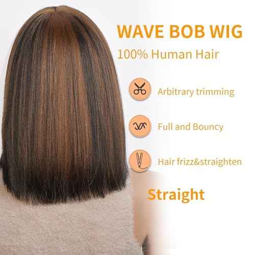 Bob Wig Human Hair with Bangs Glueless 2.5x1 HD Lace Colsure Wigs Human, Bob Wig with Brown Highlights, Ready to Go Short Wigs For Women Beginner Friendly 14 Inch