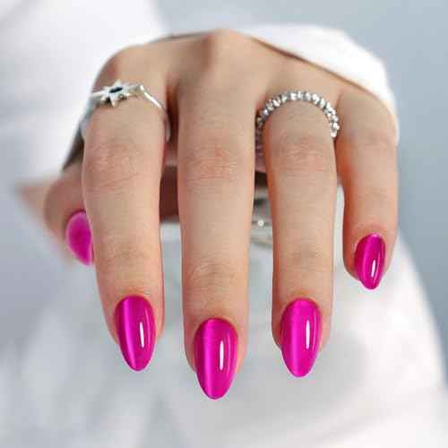 Hot Pink Almond Cat Eye Press on Nails - GJZEZ Soft Gel Short Fuchsia Glass Cateye Fall Stick on Nails Press Ons, Neon Pink Mauve Fake Nail | 16 Sizes - 32 pcs Reusable Prom False Nail, Magenta Rose