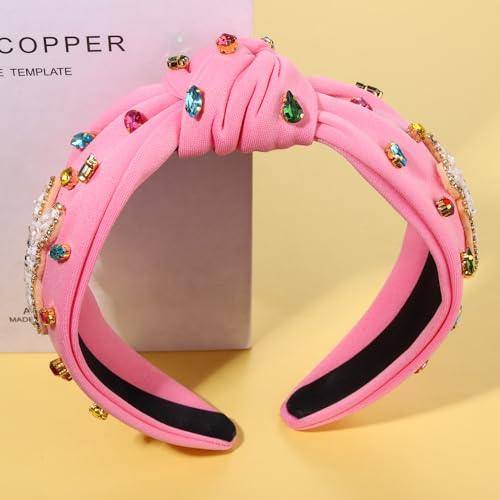 NVENF Easter Headband for Women Beaded Easter Rabbit Bunny Headband White Pink Crystal Pearl Knotted Headband Happy Easter Hair Accessories Spring Holiday Headwear Outfits Gifts (Bunny A - Pink)