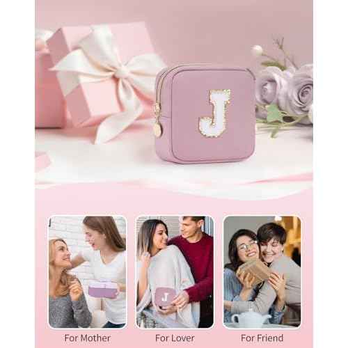 Wandering Nature Personalized Mini Initial Makeup Bag with Glitter Chenille Letter Patch, Small Preppy Makeup Bag with Slip-In Pockets, Ideal Gift for Valentine's Day Mother's Day (Patent Pending)