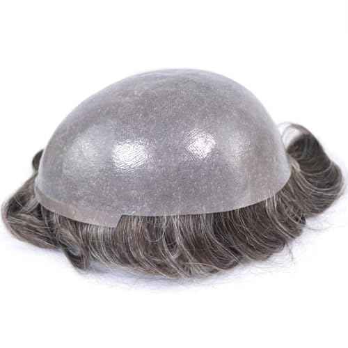 HAPPY&CC Grey Thin Skin Toupee for Men Hair Replacement Systems 8x10 Inch PU Poly Mens Toupee Human Hair Piece 430# Medium Brown with 30% Synthetic Gray