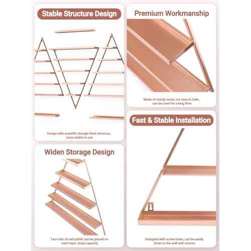 EBANKU Metal Wall-mounted Nail Polish Storage Racks 5 Tiers Triangular Display Rack Cosmetic Display Cases Lipstick Perfume Wall Shelf Essential Oil Organizers for Home Spa Nail Salon Shop (Rose Gold)