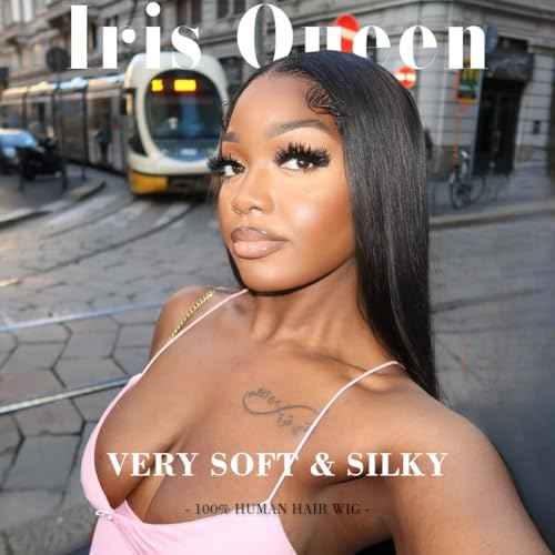Iris Queen 13x4 HD Straight Lace Front Wigs Human Hair Pre Plucked 12A 180 Density Brazilian Transparent Lace Frontal Wig for Black Women with Baby Hair Natural Black Color (20 inch)