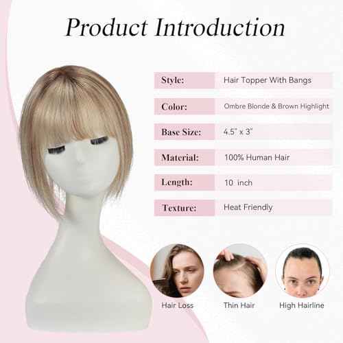 EMMOR 10 Inch Real Human Hair Topper for Women - Upgrade Swiss Lace Base with 3 Non-Slip Clips, 4.5" x 3" Clip in Bangs for Thinning Hair & Natural Hair Loss Coverage(Ombre Blonde & Brown Highlight)