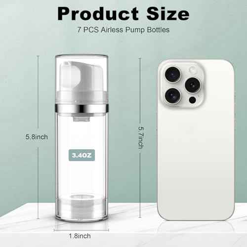 7 Pack Airless Pump Bottles 3.4oz/100ml Lotion Dispenser Travel Pump Bottles for Toiletries Airless Cosmetic Pump Container Airless Pump Jar for Toiletries Shampoo Cream with Labels(Clear)