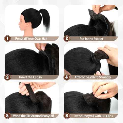 Ponytail Extension Human Hair 20 Inch Dark Brown to Chestnut Brown Silky Straight Clip in Hair Extensions Wrap Around Ponytail Hair Piece for Girls(20 Inch Dark Brown to Chestnut Brown #2P6 95G)