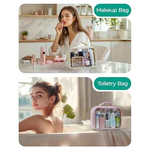 BAGSMART Clear TSA-Approved Toiletry Bag, Large Opening Quart Sized Makeup Bag with Handle, Double Zipper, Clear Cosmetic Organizer for Women