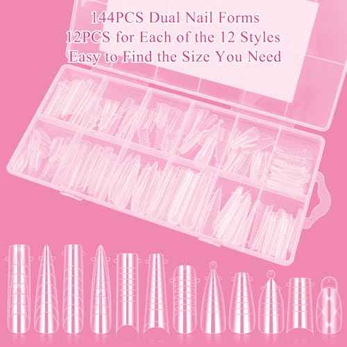 Nail Dual Forms for Poly Gel Set, 12 Styles 12 Sizes Nail Mold Extension Forms, 144Pcs Full Cover False Nail Tips, Duet System with 5pcs Nail Clips Nail Brush Nail Files Cuticle Trimmer