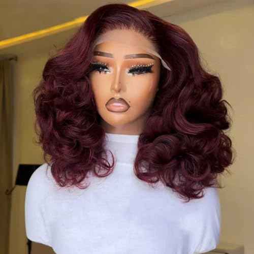 250% Full Density 99J Burgundy Lace Front Wigs Human Hair 13x4 Short Bob Wigs Human Hair Glueless Wear and Go Loose Deep Wave Wig Pre Plucked Pre Bleached Red Wig Human Hair (18inches)