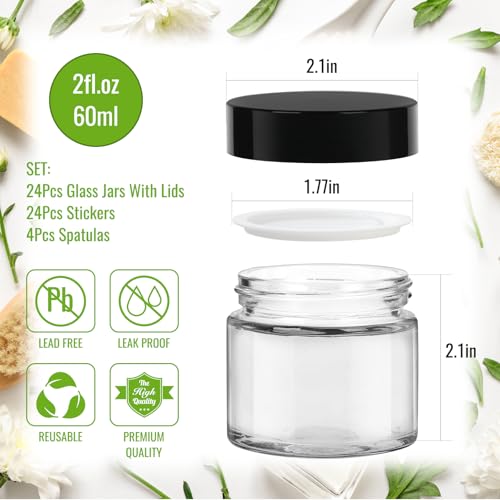 2 oz Clear Glass Jars with Lids 24Pack, Small Jars with Inner Liners for Sample, Powder, Cream, Lotion and Ointments with Stickers & Spatulas Included