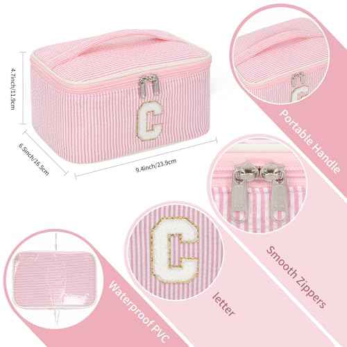 OCHEAL Makeup Bag for Women, Monogram Cosmetic Bag with Brush Holder, Pink Travel Makeup Case Beauty Toiletry Bag Organizer Personalized Gifts for Girls Bridesmaid, Sister, Wife, Friends Initial C