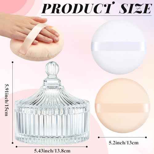 Tioncy 3 Pcs Extra Large Body Powder Puff and Container 5.43'' Glass Body Container with 5.12'' Powder Puff Glass Jar for Women's Talcum(Clear)
