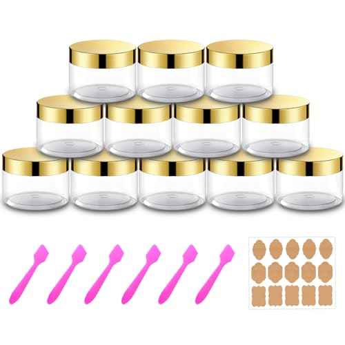 12 Pack 4 oz Plastic Cosmetic Containers With Gold Lids Refillable Clear Empty Travle Jars Containers for Body Butter,Sugar Scrubs,Cream,Lotions,Candy, Label&Spatulas