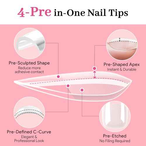 Medium Almond Pre-Building Nail Tips Kit, 15 Sizes 240 PCS Pre-shaped Apex Pink Thick Extensions Tip Soft Half Matte Press On Fake Nails Glue Gel Nail Lamp for DIY Beginners & Salon Manicure