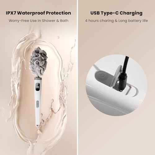 WJX Electric Body Brush with Replaceable Heads ? Rechargeable, Waterproof, 2-Speed Adjustable Back Scrubber for Shower (Oyster White)