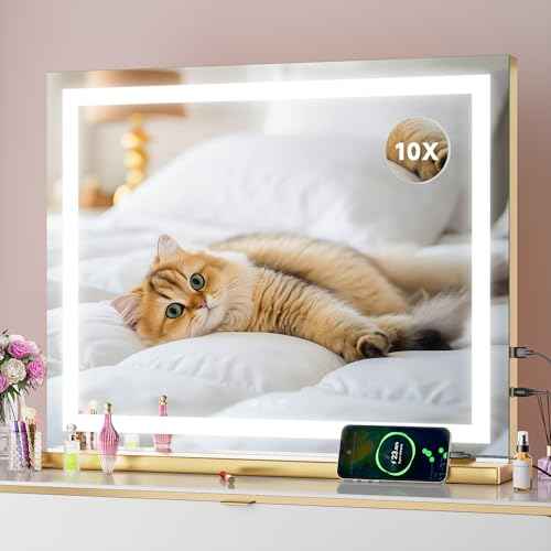 Vanity Mirror with Lights, 23" x 18" LED Makeup Mirror with 10X Magnification, Dimmable 3 Modes, Memory Function, Smart Touch, USB Charging Port, Lighted Makeup Mirror Square Glod