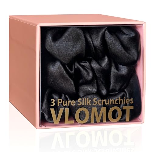 VLOMOT 3 Pcs Set 100% Pure Mulberry Silk Hair Scrunchies Silk Hair Ties with Chic Color Everyday Scrunchies Silk Ponytail Holders Hair Care No Damage (Black)