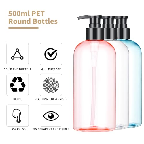 Bynccea Plastic Pump Bottle 16 oz/500 ml Empty Shampoo Pump Bottles Dispenser Portable Pump Bottles for Shampoo and Conditioner Liquid
