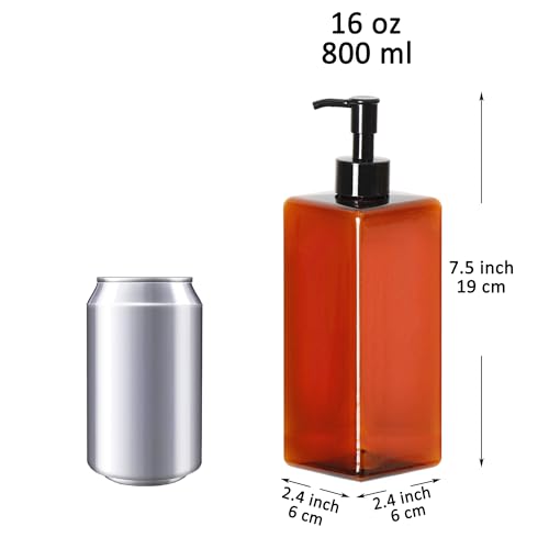 Youngever 5 Pack 16 Ounce Plastic Pump Bottles, Refillable Square Plastic Pump Bottles for Dispensing Lotions, Shampoos and More (Amber)