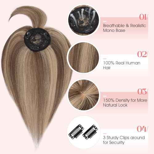 Hairro Mono Hair Toppers with Bangs, 3.4" x 3.4" Mono Base 100% Real Human Hairpieces for Women, 150% Density Clips In Topper for Greyish Thinning Hair, 18 Inch Medium Brown Mix Dark Blonde