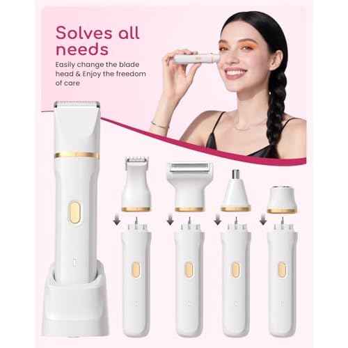 Bikini Trimmer for Women - 5 in 1 Electric Razors for Ladys Pubic Facial Nose Body Leg Hair Removal, Waterproof Electric Shaver for Women Private Area Sensitive Skin, Personal Hair Trimmer