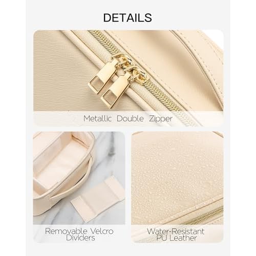 Vlando Travel Makeup Bag,Portable Cosmetic Bag Makeup Case Organizer, Makeup Bag with Adjustable Dividers for Women,Girls,Wedding,Cosmetic Brushes,Toiletry,Gifts,Anniversary-Beige