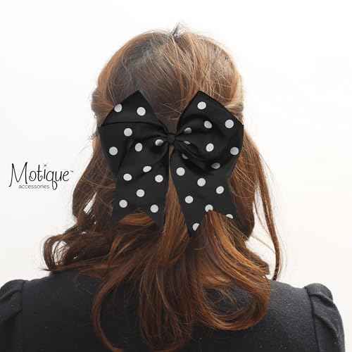 7.5 Inch Polka Dot Hair Bow with Tails Grosgrain Ribbon Hair Clip (Black)