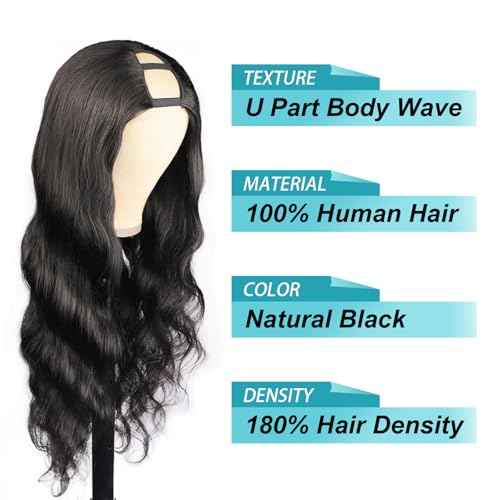 EMOL U Part Human Hair Wig Body Wave 24 Inches Upart Wig for Black Women Long Wavy Brazilian Remy Human Hair Glueless Wigs Natural Black Breathable No Sew In Beginner Friendly
