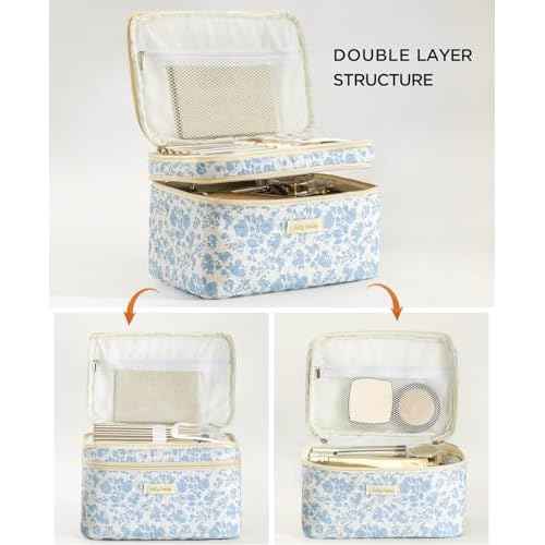 HBselect 2Pcs Travel Makeup Bag, Large Cotton Quilted Makeup Bag Cosmetic Bag Cute Make up Bag Toiletry Bags for Women Girls