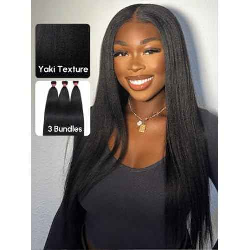 YIROO Yaki Straight Human Hair Weave 3 Bundles 12A Kinky Straight Double Wefts for Women Unprocessed Real Virgin Hair Sew In Human Hair Extensions Cllip In Light Yaki Natural Black Color 10 12 14Inch