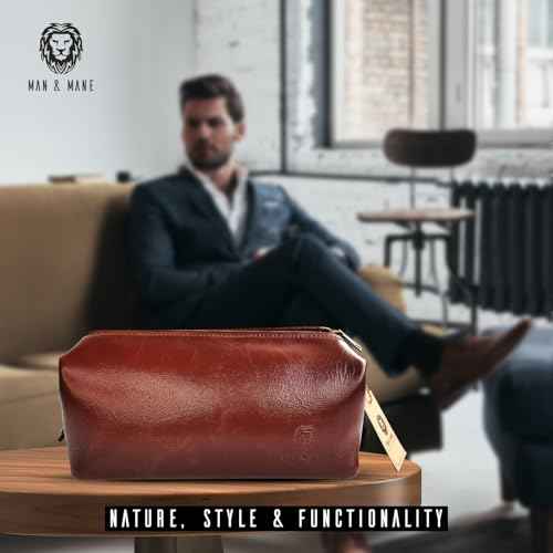 MAN & MANE Premium Leather Toiletry Bag for Men & Women ? Classic Dopp Kit Travel Shaving Bag (Cognac Brown)