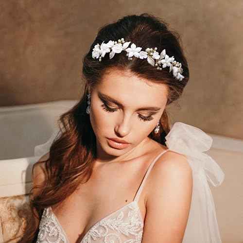 Oriamour Wedding Headbands With Ceramic Flowers Bridal Wedding Headpieces For Women Girls Pearls Headband With Leaves Desgin (Gold)