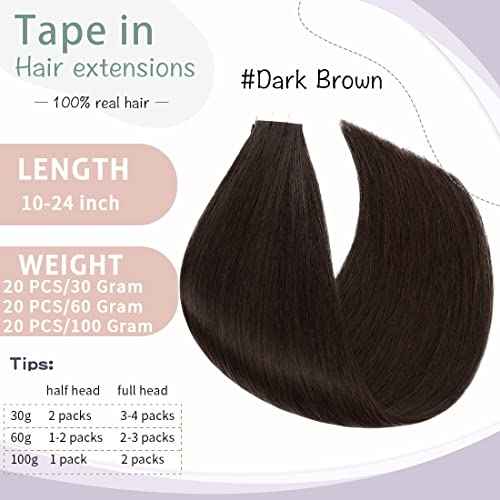 S-noilite 20Pcs 60g Remy Tape in Hair Extensions Human Hair Seamless Skin Weft Invisible Double Sided Glue in hair for women Silky Straight 24 Inch #02 Dark Brown Color