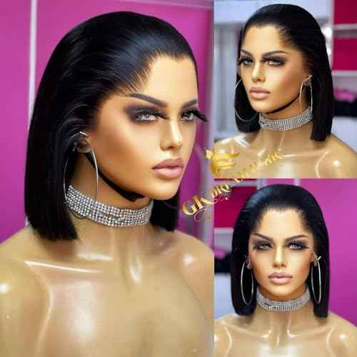 Bob Wig Human Hair 13x4 Lace Frontal Short Straight Lace Front Bob Wigs for Black Women Human Hair Pre Plucked Glueless Side Part 180% Density Black Color 10 Inch