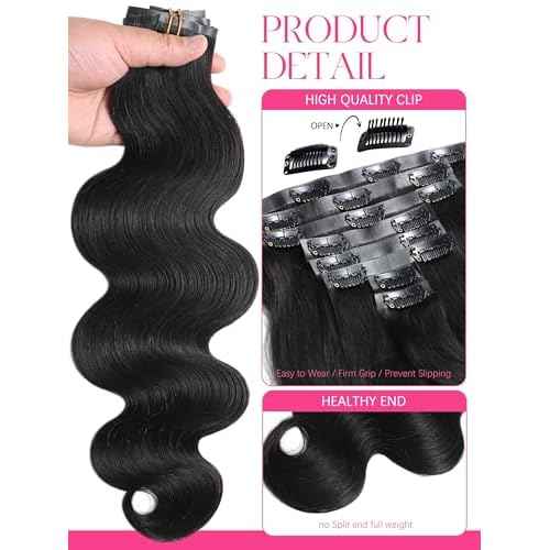 Lacer Body Wave Clip in Hair Extensions Real Human Hair, Seamless 22 Inch 7 Pcs 115g Wavy Human Hair Clip in Extensions for Women Natural Black