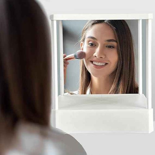 Oulores Non-Reversing Mirror with Real Image Reflection - Beveled Standing Cosmetic Inverted Mirror for Makeup, Hair Styling, Grooming, Facial Correction