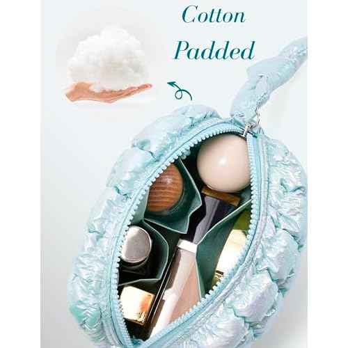 Yarnic Quilted Makeup Bag Puffy Cosmetic Bag, Quilt Travel Toiletry Bag Puffer for Women, Cute Makeup Bag Organizer Soft Cosmetic Pouch (Iridescent Blue, S)