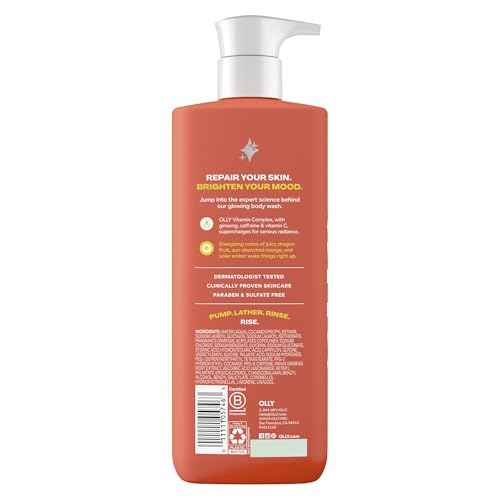 OLLY Bright Body Wash with Ginseng, Caffeine & Vitamin C? Nourishing Cleanser for Skin Barrier Repair, Deep Hydration, Citrus Currant Scent, 17 oz