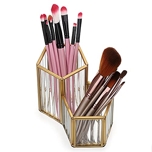 ELLDOO Glass Mirrored Makeup Brush Holder, Pen Cup Holder Pencil Holder for Office Desk, Gold Cosmetic Brush Eye Liners Storage Holder Dresser Vanity Organizer Holder for Women Girls, 2 Slots