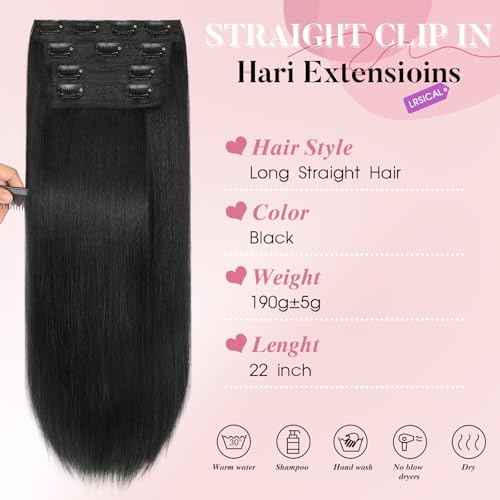 Clip in Synthetic Hair Extensions Black Long Straight 4PCS Thick Hairpiecesx Fiber Double Weft Natural Hair Extensions 22 Inch for Women