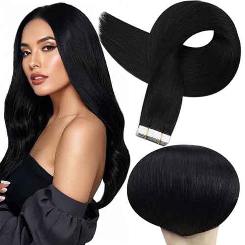 Full Shine Black Tape in Hair Extensions Human Hair Remy Seamless Human Hair Tape Extensions 26Inch Double Sided Tape ins Human Hair Extensions for Women Straight Black Hair Extension 50G 20Pcs