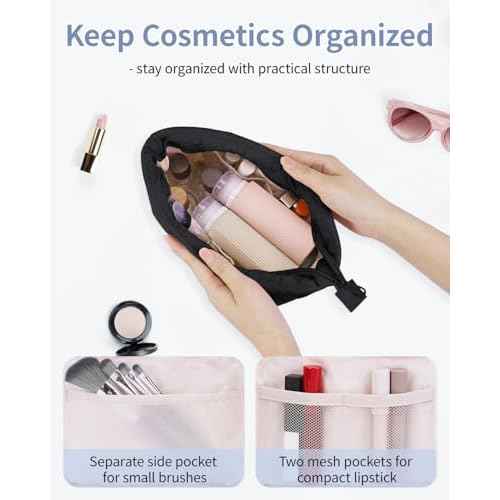 Narwey Small Makeup Bag for Travel Women Girl, Puffer Cosmetic Bag Makeup Pouch for Purse with Zipper, Cute Puffy Make Up Organizer Bags, Travel Toiletry Bag Toiletries (Black)
