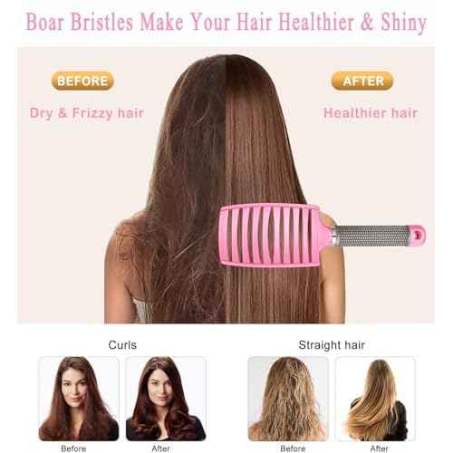 KTKUDY Detangling Brush Boar Bristles Hairbrush Make Hair Shiny & Healthier Curved and Vented Detangler Brush for Women Men Kids Wet & Dry Hair (Pink)