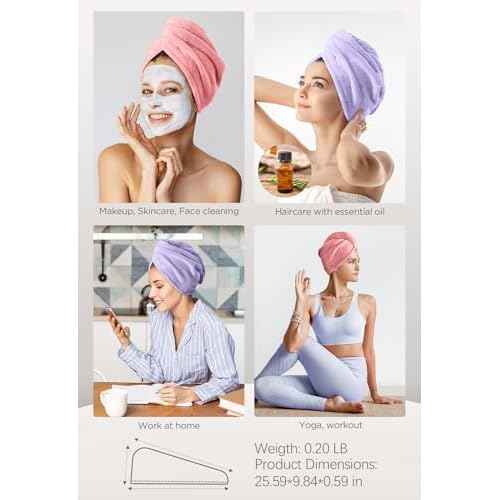 Hicober Microfiber Hair Towel, 2Packs Hair Turbans Wrap for Women Wet Hair, Hair Drying Towels for Curly Hair Anti Frizz(Purple,Pink)