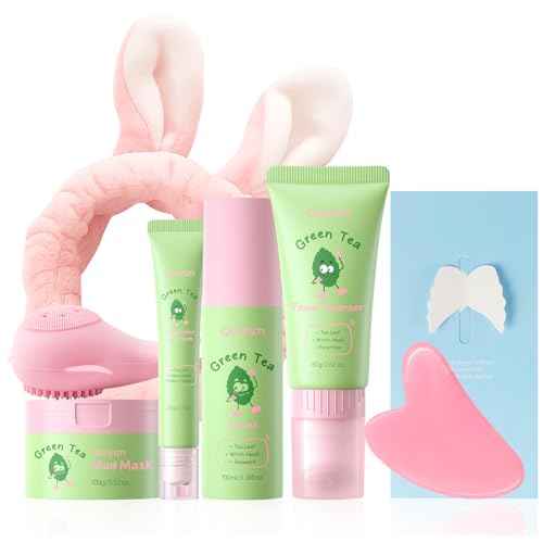 Green Tea Skin Care Set, Facial Skincare Products, Routine Skin Care for Teens, Christmas Gift Set with Toner, Facial Cleanser, Clay Mask, Eye Cream, GUASHA Broad, Face Wash Brush & Headband