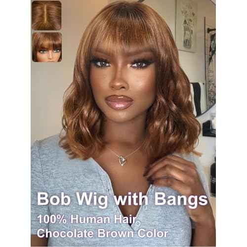 YIROO Bob Wig Human Hair with Bangs,Chestnut Chocolate Brown Highlight Loose Body Wave 4x2 HD Lace Closure Glueless Wig Human Hair Pre Plucked Wear and Go Short Bob Wig for Women 150% Density 12Inch