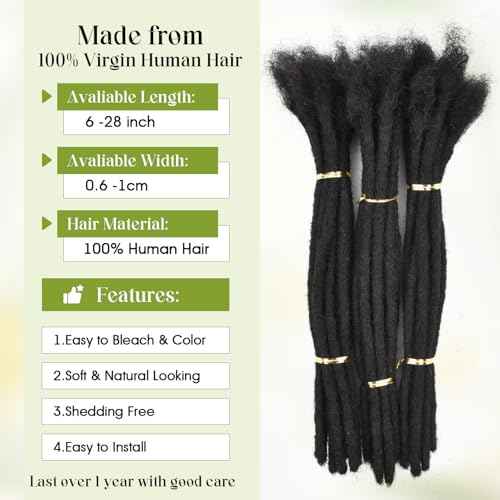 6Inch-18Inch Dreadlock Extensions Loc Extensions Human Hair for Men/Women 100% Real Human Hair (0.6CM Width-1B, 14 Inch-30 Strands)