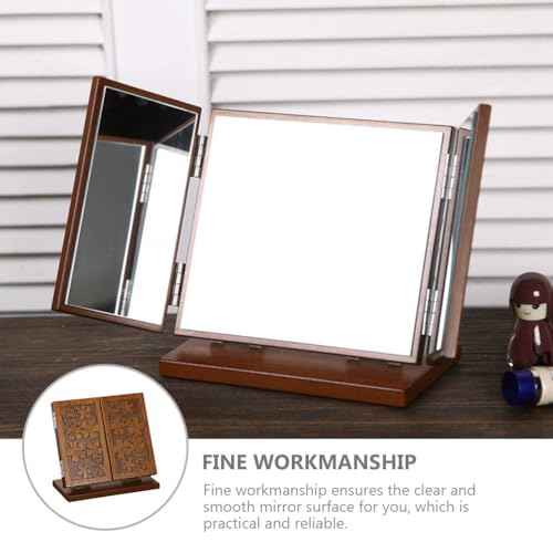 1pc Wood Dressing Table Mirror Wooden Three Mirrors Indoor Desktop Make up Vanity Carved Vanity Makeup Standing Desk Makeup